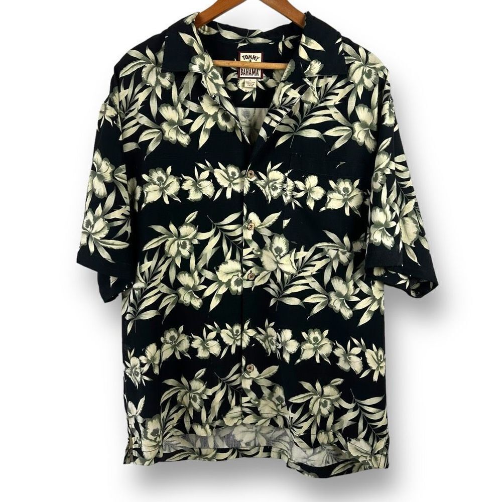 Tommy Bahama Men's Size L 100% Silk Button Up Hawaiian Shirt Black Hibiscus Palm